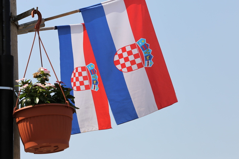 flower, croatian flag, plant, patriotism, architecture, clear sky, flower pot, nature, blue, official, no people, decoration, flag, striped, flowering plant