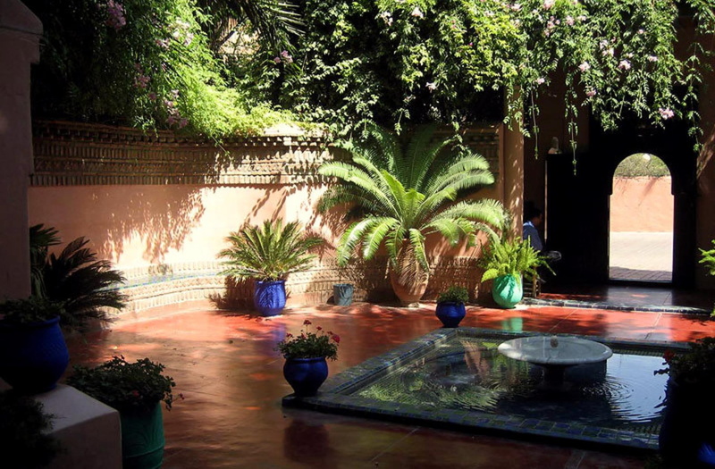 3d and abstract, garden, plants, 1080P, archway, trees, zen, fountain, blue pots