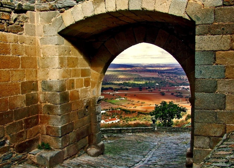 castle, mountains, trees, gate, landscape, arch, animals, archway, exit, concrete, 1080P, way, bricks