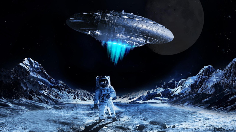 darkness, space art, fantasy art, moon, surface, space, spaceship, 1080P, astronaut, illusion