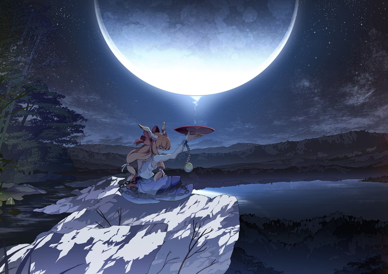 tranquility, Touhou, anime girls, tranquil scene, scenics - nature, sky, star - space, night, Ibuki Suika, video games, star, mountain, moonlight