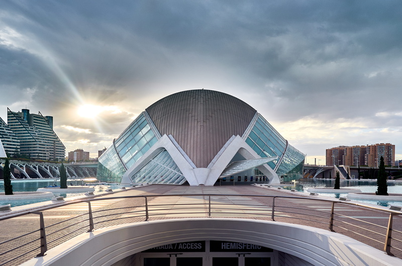 ciudad de las artes y las ciencias, railing, cloudscape, sky, travel destinations, sunrise, planetarium, water, spain, brown, building exterior, office building exterior