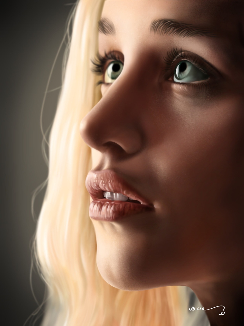 artwork, Emilia Clarke, digital art, 2K, portrait, drawing, Jinsung Lim, women, portrait display, fan art, realistic, digital painting