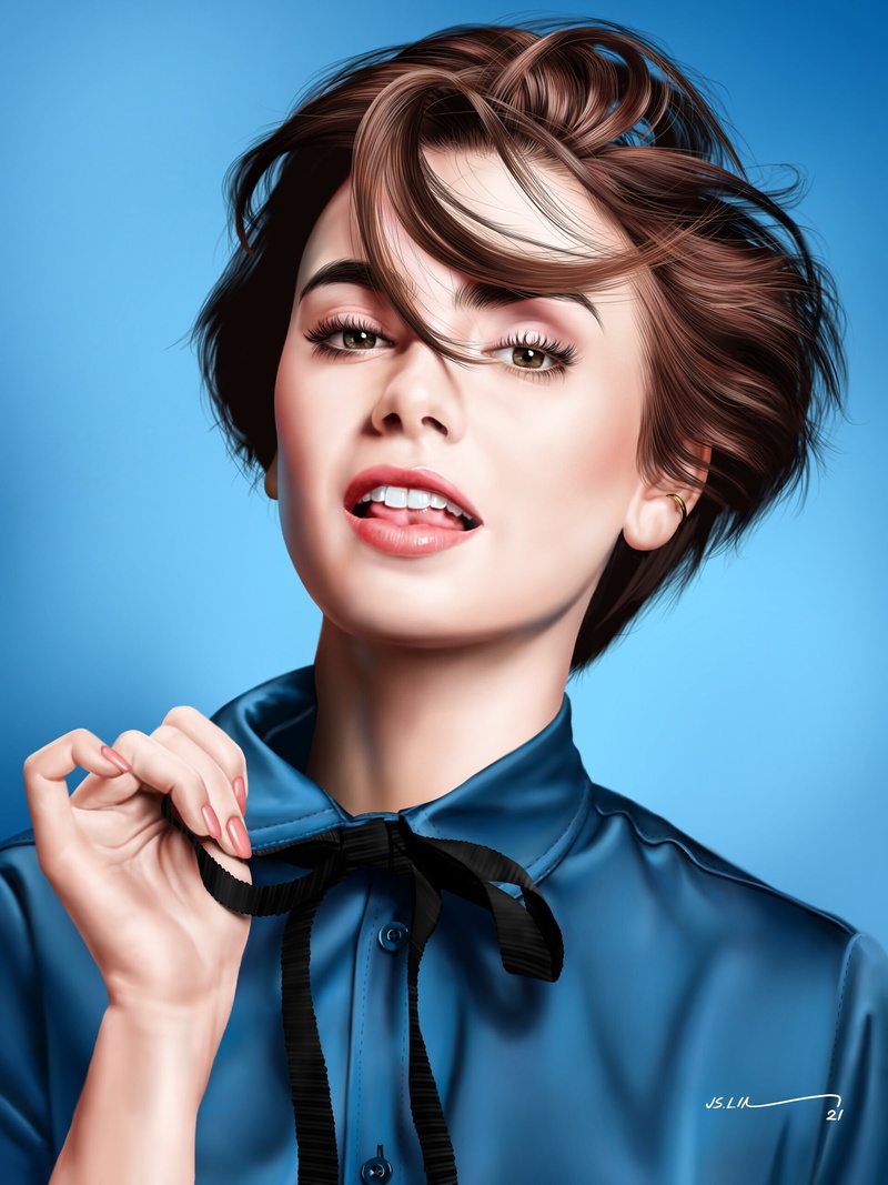 drawing, shirt, fan art, artwork, digital art, celebrity, tongues, blue background, short hair, open mouth, looking at viewer, brown eyes, Lily Collins