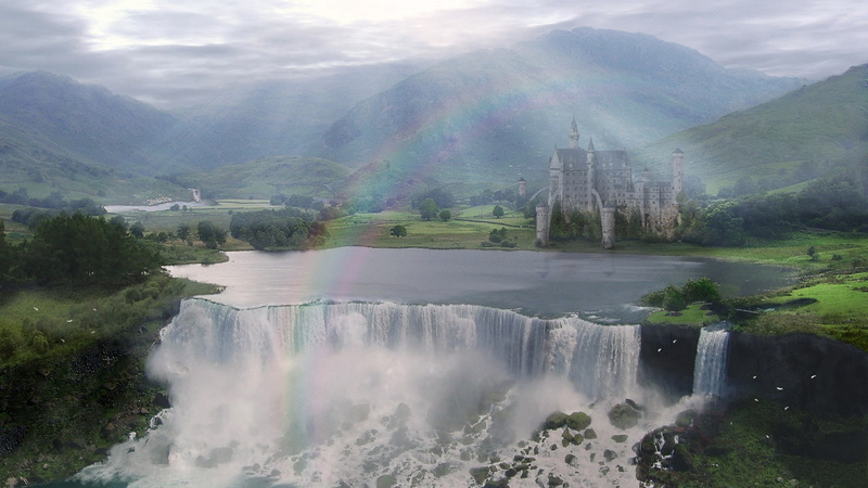 1080P, waterfall, fantasy art, landscape, mountains, castle, digital art