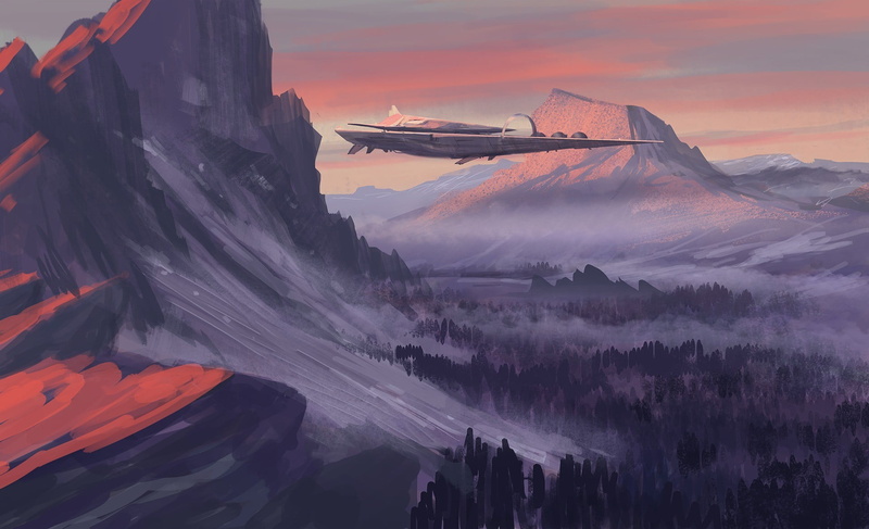 cloud - sky, no people, spaceship, plane, orange color, purple, painting, idyllic, digital art, 1080P, sky, landscape, non-urban scene, travel, futuristic