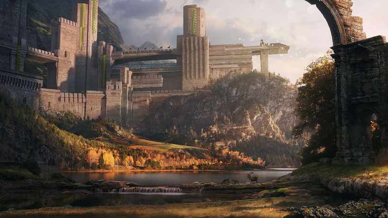 nature, architecture, skyscraper, outdoors, tree, castle, plant, river, artwork, landscape, digital painting, connection, 1080P, building, city, bridge - man made structure