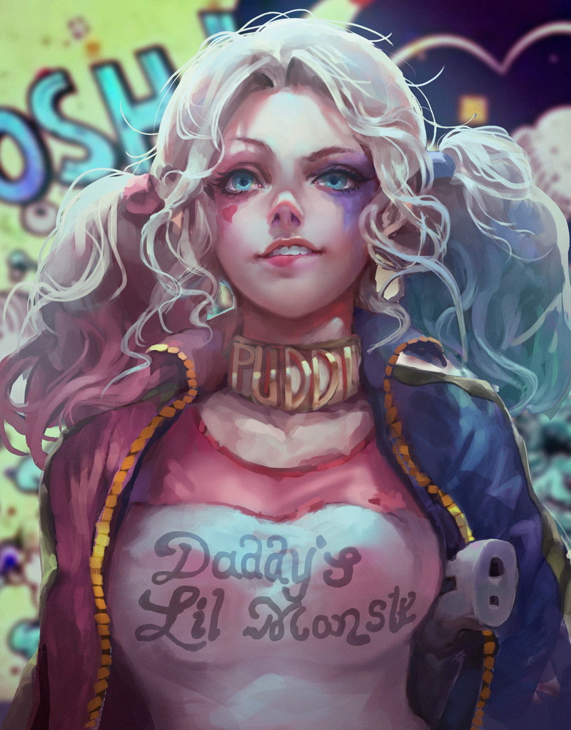 waist up, text, representation, beautiful woman, multi colored, looking at camera, portrait, Harley Quinn, one person, illustration, women, 1080P, front view