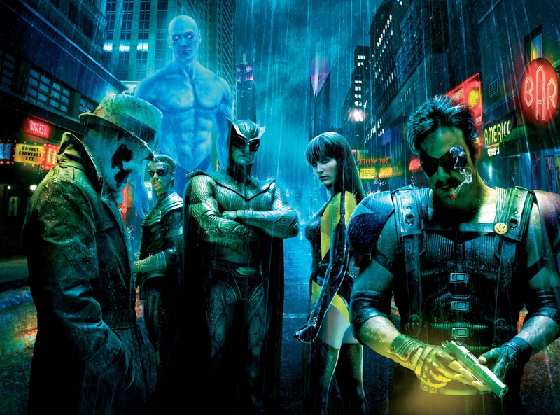 male likeness, nightlife, architecture, Watchmen, 2K, dr manhattan, people, indoors, built structure, Superhero, group of people, silk spectre ii, sculpture