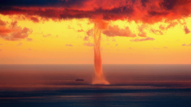 splashing, sunset, cloud - sky, hurricane, sky, energy, whirlwind, red sky, spraying, dramatic sky, horizon, power, water, sea, motion, nature, horizon over water