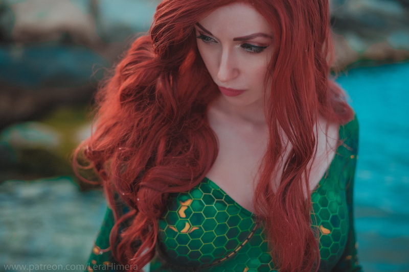 Mera, eyeliner, outdoors, portrait, 2K, bokeh, model, DC Comics, wavy hair, makeup, women outdoors, women, cosplay, cleavage, Valery Himera, redhead, red lipstick
