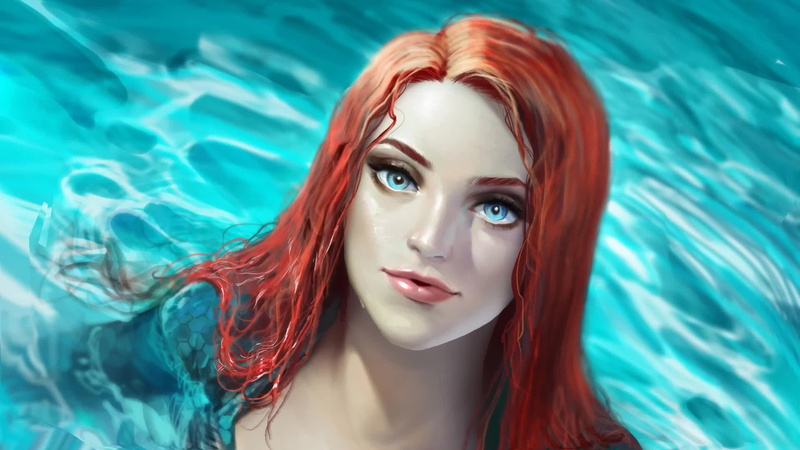 Mera, sea, artwork, 1080P, fan art, wet hair, Aquaman, DC Comics, redhead, blue eyes, long hair, water, women