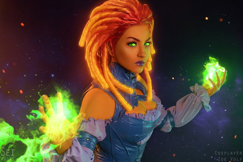 looking at viewer, magic, women, DC Comics, 720P, makeup, green eyes, Starfire (DC Comics), SeiPhoto, cosplay, stars