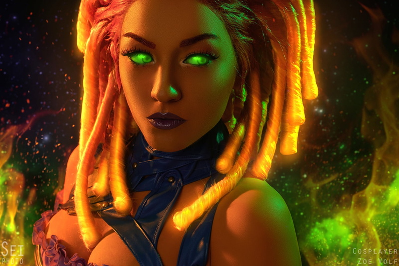 cosplay, SeiPhoto, glowing, DC Comics, portrait, makeup, green eyes, Teen Titans, women, looking away, 720P, bright, Starfire (DC Comics)