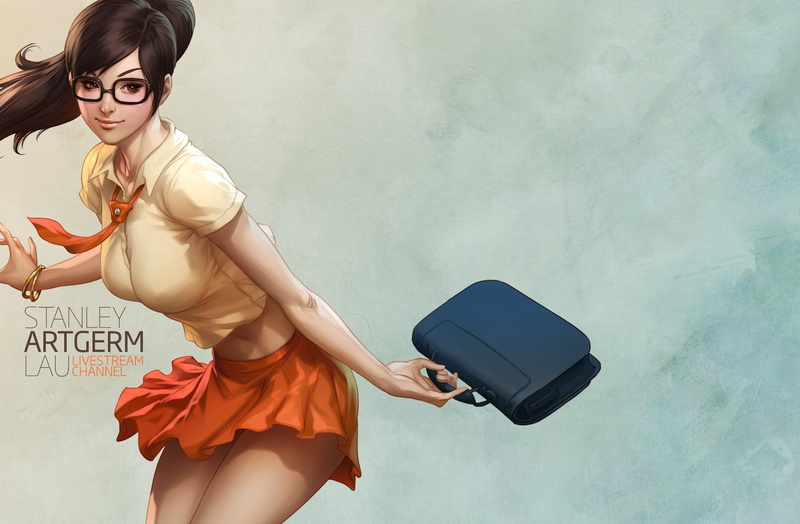 young women, stanley, digital, artgerm, one person, 1080P, side view, holding, lifestyles, women, beautiful woman, art, clothing, three quarter length