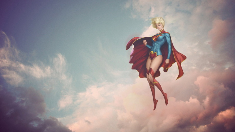 Superheroines, Supergirl, Blonde, women, clouds, fantasy Art, Artgerm, 1080P, superhero, Cape, sky, DC Comics
