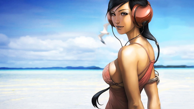 Artgerm, Clouds, Pepper, Look, Sea, Girl, Stanley Lau, Figure, The sky, 1080P, Eyes, Artist, Pigtail, Beauty, Headphones, Bird, Art, Brunette, Sky, Beach