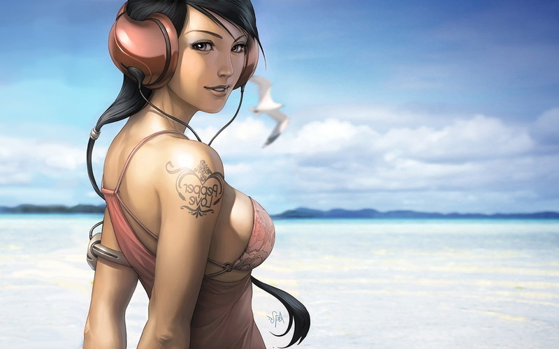 Looking At Viewer, sea, birds, headphones, Stanley Lau, tattoo, 720P