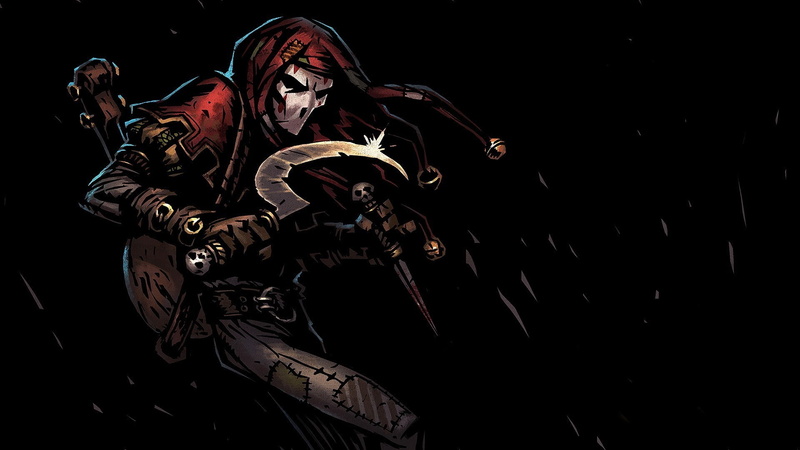 one person, full length, young adult, indoors, skill, black background, leisure activity, darkest dungeon video games dark jester, looking at camera, 1080P