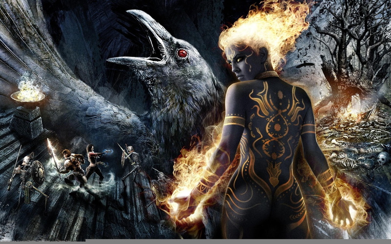 sign, magic, swords, fire - Natural Phenomenon, darkness, nature, representation, 2K, burning, warriors, three quarter length, campfire, fireplace, heat - Temperature