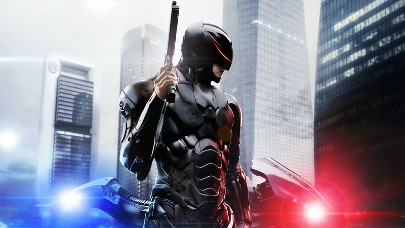 low angle view, office building exterior, headwear, lens flare, helmet, people, movies, RoboCop, building, city, poster, men, outdoors, waist up, security