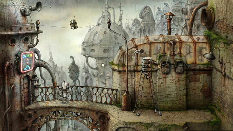 abandoned, craft, robot, lighting equipment, creativity, Machinarium, the past, 1080P, wall, damaged, wall - building feature, metal, history, video games