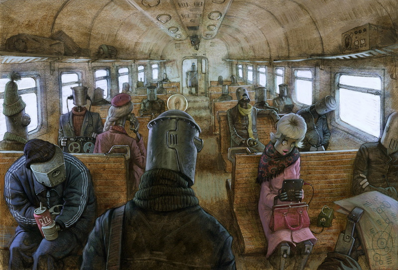 metal, fantasy art, Machinarium, crowds, artwork, video games, vehicle interiors, train, robot, 1080P, drawing, window