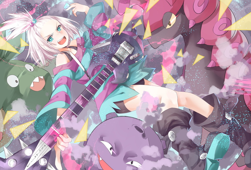 eyes, guitar, pokemon, white, instrument, 1080P, hair, boots, transistor, trubbish, scolipede, homika, dress, koffing, aqua
