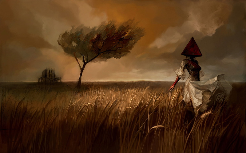 Girl, Pyramidology, Dress, The wind, Landscape, Silent Hill, Pyramid-head, Field, Tree, 1080P, Figure