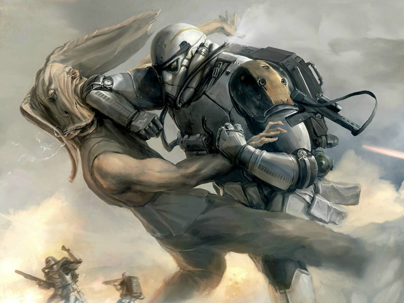 army helmet, day, painting, military, smoke - physical structure, army soldier, jar jar binks, outdoors, futuristic, artwork, action, character, people
