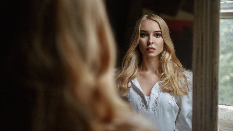 Viktoria Pichkurova, beautiful woman, face, beautiful people, mirror, portrait, one person, women, blonde, beauty, waiting, white shirt, blond hair, Georgy Chernyadyev