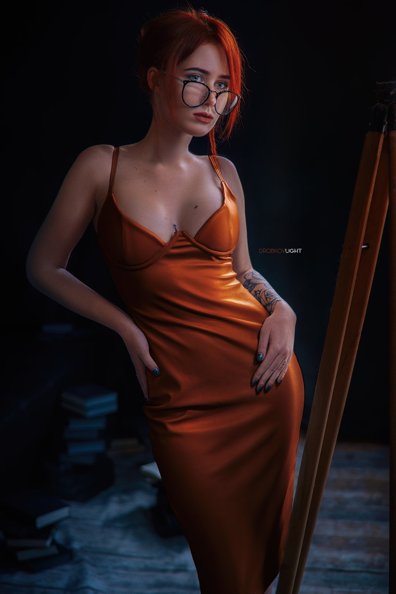 dark, Elvira Pozdnysheva, books, inked girls, indoors, portrait display, looking away, cleavage, glasses, model, redhead, 1080P, no bra, women, tattoo