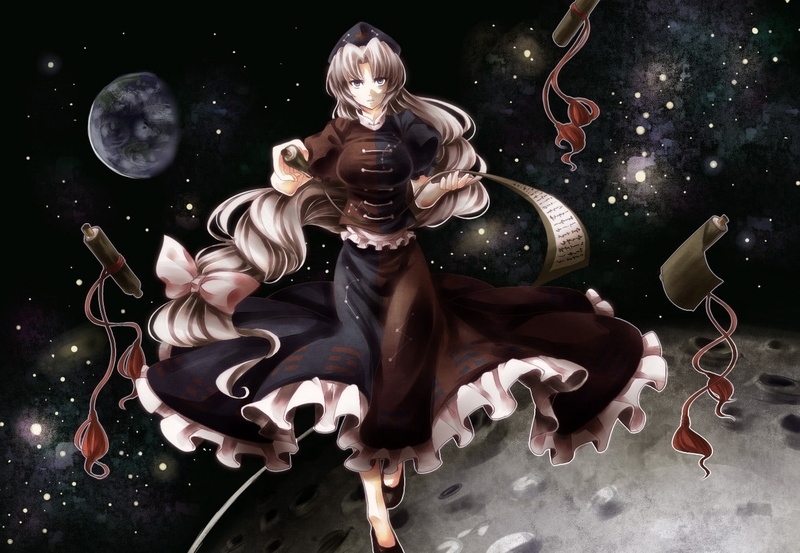 planets, Touhou, moons, cross, 720P, outer, dark, Video Games, black, hair, stars, video, nurses, moon, long, games, skirts, hd, bows, art, brai, space