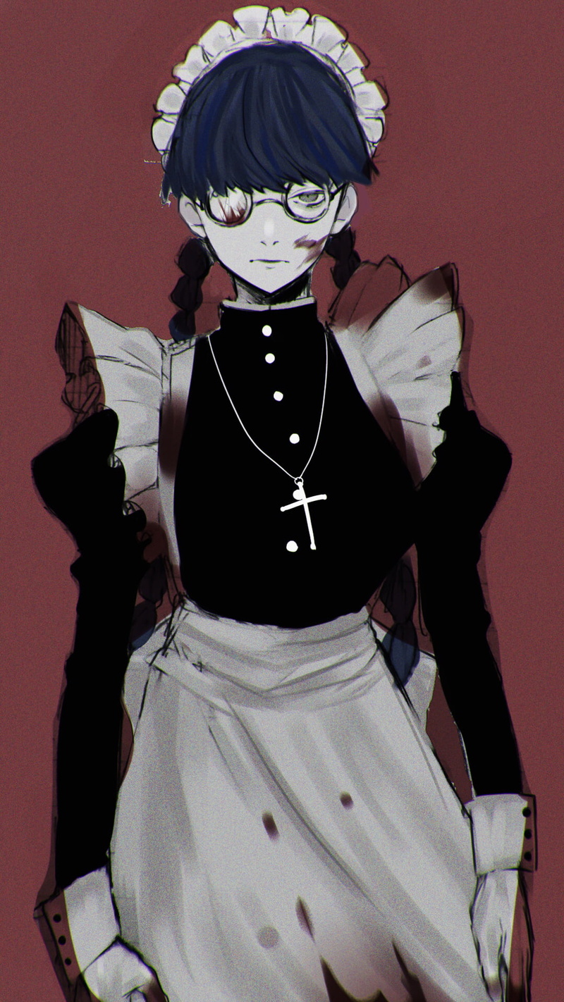 blood, holy rosary, vertical, Black Lagoon, female soldier, fan art, Roberta (Black Lagoon), anime, 2D, maid outfit, curvy, women with glasses, black hair