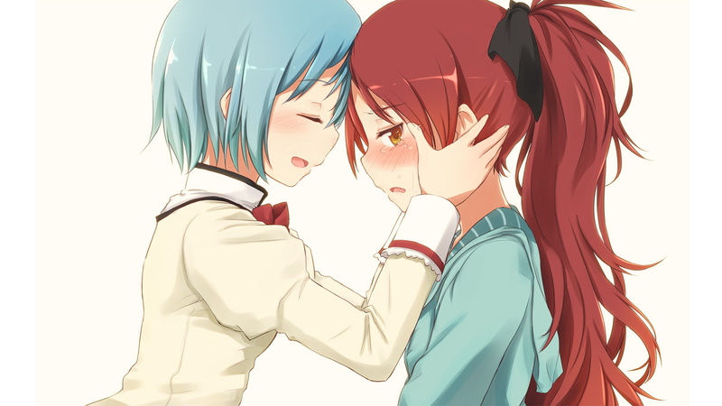 lifestyles, studio shot, women, indoors, Sakura Kyouko, togetherness, Miki Sayaka, hairstyle, adult, side view, anime girls, young women, headshot, white background