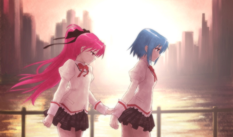 2K, pink color, focus on foreground, standing, adult, city, Mahou Shoujo Madoka Magica, clothing, human representation, day, women, beautiful woman, red