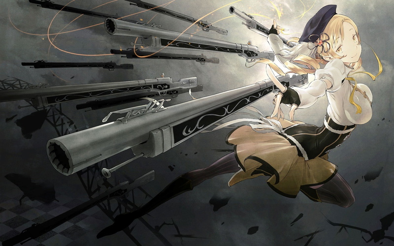 no people, day, anime, plane, military, air vehicle, gun, hanging, table, indoors, army, airplane, mode of transportation, Mahou Shoujo Madoka Magica, close-up