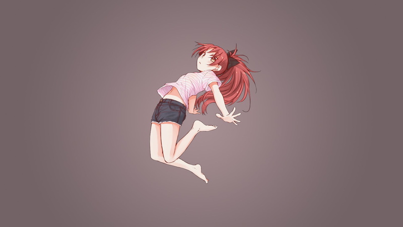 child, jumping, simple background, portrait, one person, mid-air, copy space, colored background, motion, anime girls, freedom, Mahou Shoujo Madoka Magica