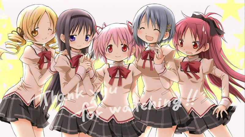 anime, white skin, 720P, anime girls, Tomoe Mami, Akemi Homura, Mahou Shoujo Madoka Magica, simple background, Sakura Kyouko, school uniform, Miki Sayaka
