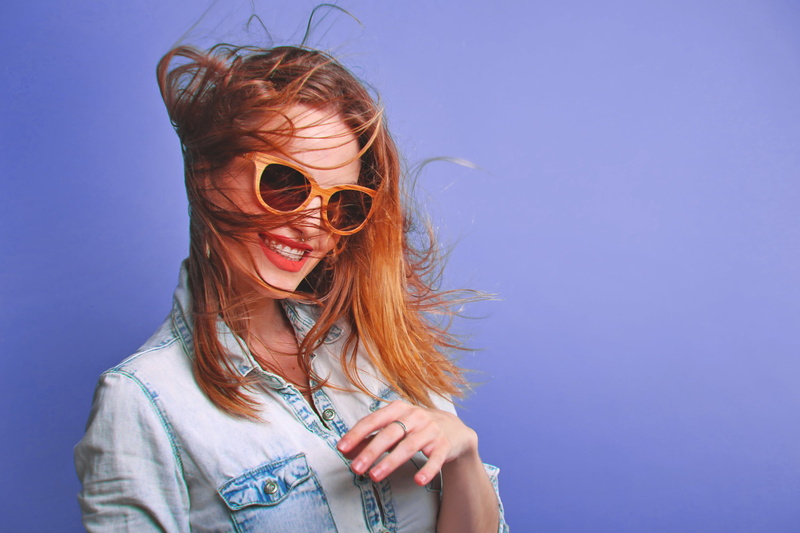 beautiful woman, sunglasses, smile, hairstyle, women, model, sun, headshot, glasses, adults only, hair, front view, 1080P, woman, long hair, blue background
