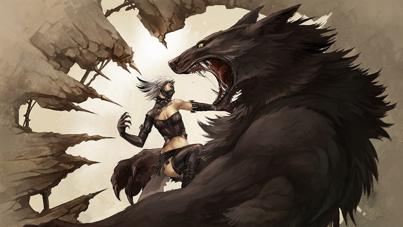 werewolf, fight, character, vampires, 720P, fighting, vs, anime, fantasy, werewolves, hd, woman, beast, drawing, black