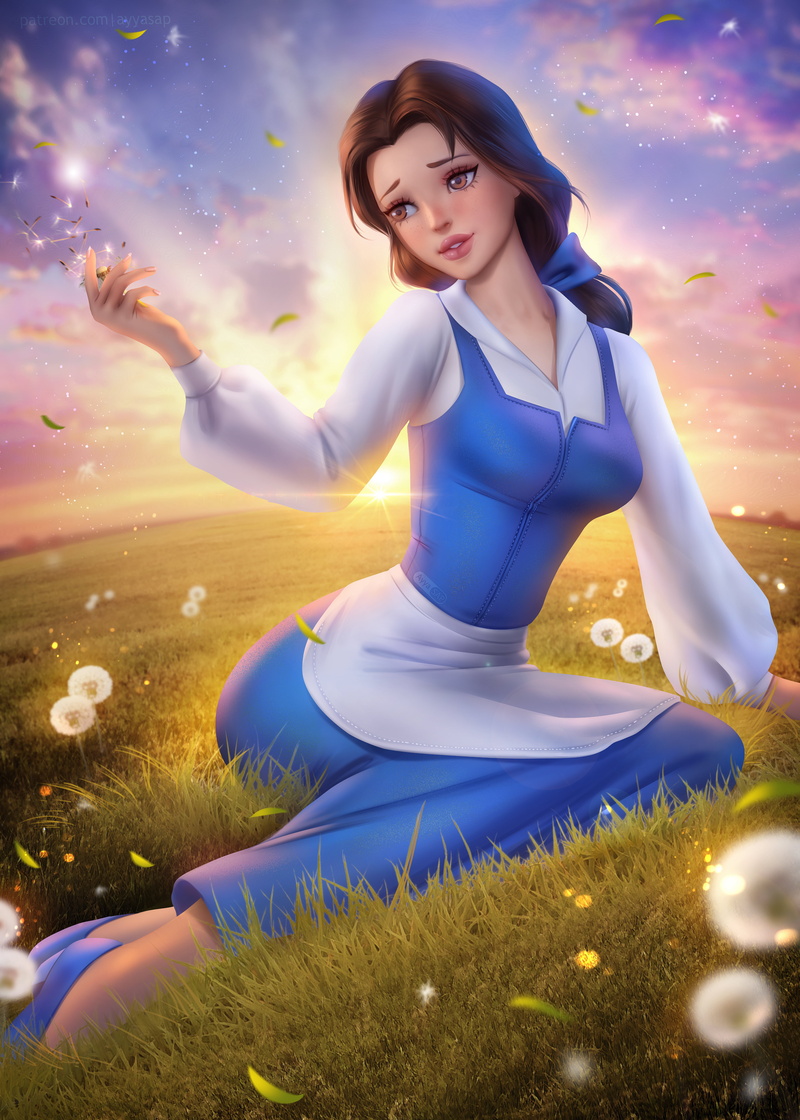 Disney princesses, AyyaSAP, Belle, apron, brunette, artwork, 5K, sky, illustration, brown eyes, dandelion, vertical, fictional character, field, parted lips