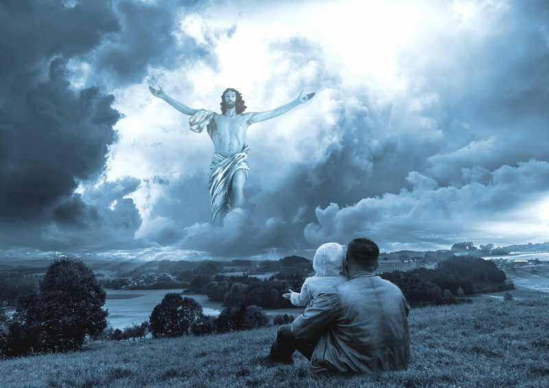 polyana, clouds, child, full length, jesus, field, sky, flying, ominous, cloud cover, environment, jumping, males, mid-air, overcast, outdoors, meadow