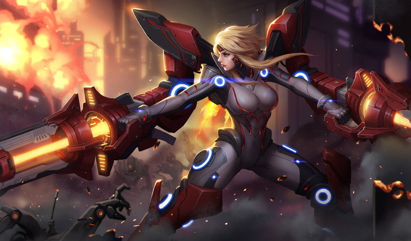 Yang A, Fantasy, Minimalism, Weapon, Blonde, Cyborg, Gun, Illustration, Art, Armor, Style, Character, Exoskeleton, 1080P, Girl
