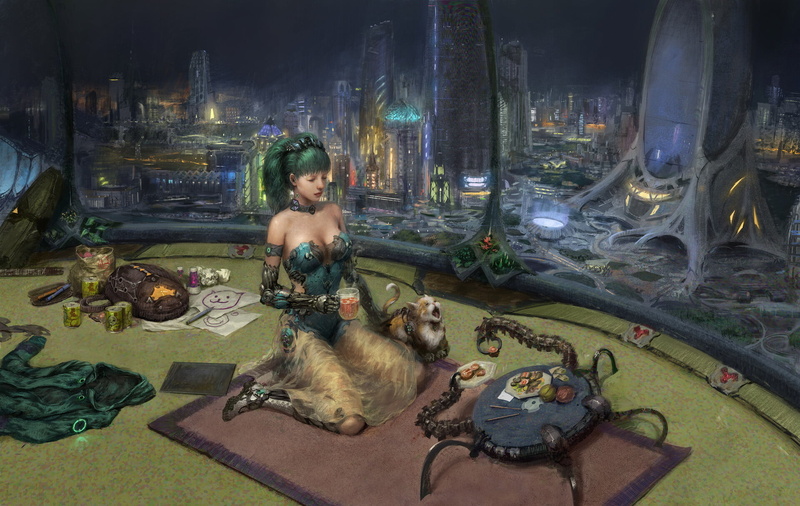 fantasy art, green hair, cyborg, night, cityscape, sitting, bare shoulders, on the floor, food, women indoors, cats, carpet, women, drawing, indoors, see-through skirt
