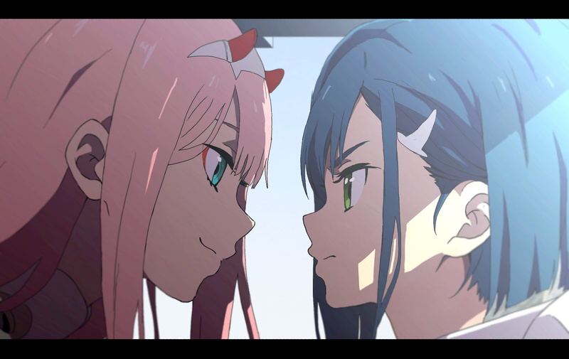 Darling in the FranXX, nature, multi colored, panoramic, close-up, blue eyes, green eyes, two, illustration, auto post production filter, pink hair, transfer print