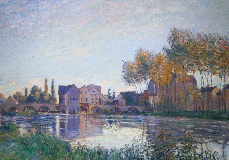 bridge, trees, autumn, Sea-sur-Loing. Sunset, 2K, river, picture, landscape, Alfred Sisley, home