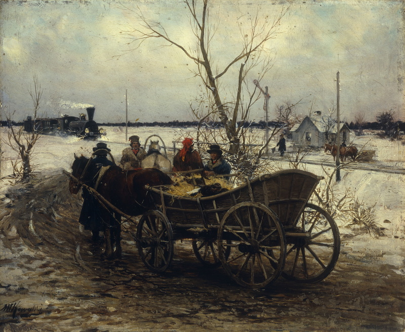 mammal, artwork, sky, working animal, no people, Alfred Kowalski-Wierusz, nature, carriage, outdoors, bare tree, tree, classic art, animal, field, pets