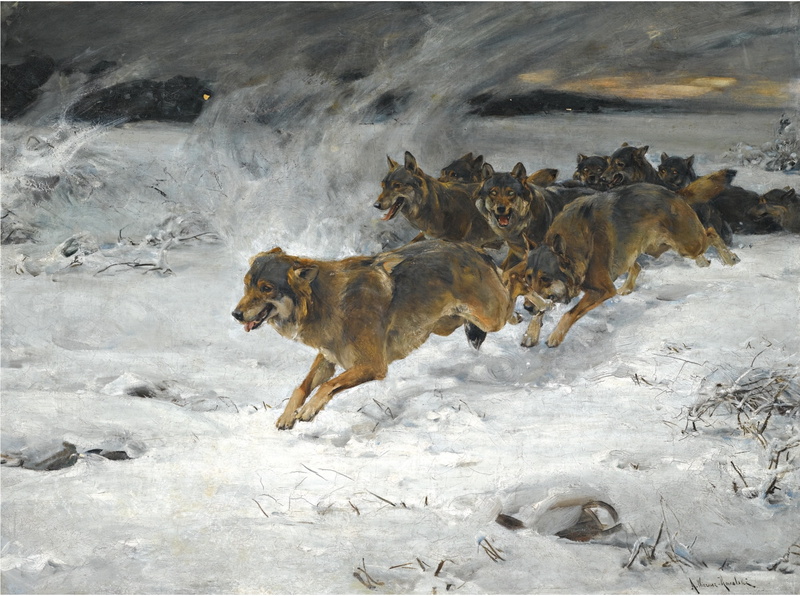 domestic animals, winter, pets, classic art, land, Polish, animal themes, snow, animal, Alfred Kowalski-Wierusz, group of animals, wolf, motion, 1080P