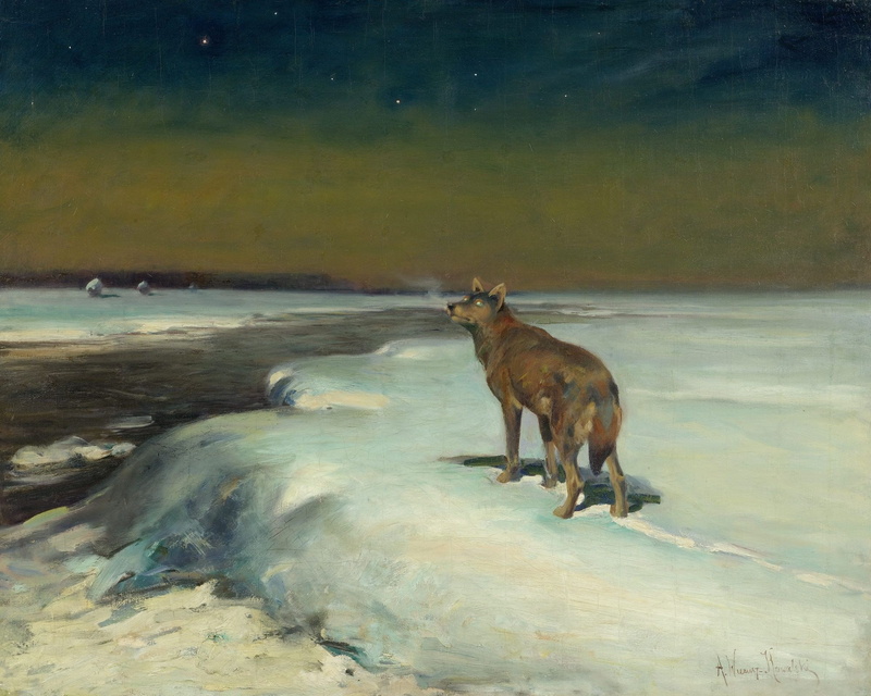 water, animal, mammal, land, animal wildlife, domestic, vertebrate, dog, classic art, no people, animal themes, nature, domestic animals, outdoors, Alfred Kowalski-Wierusz